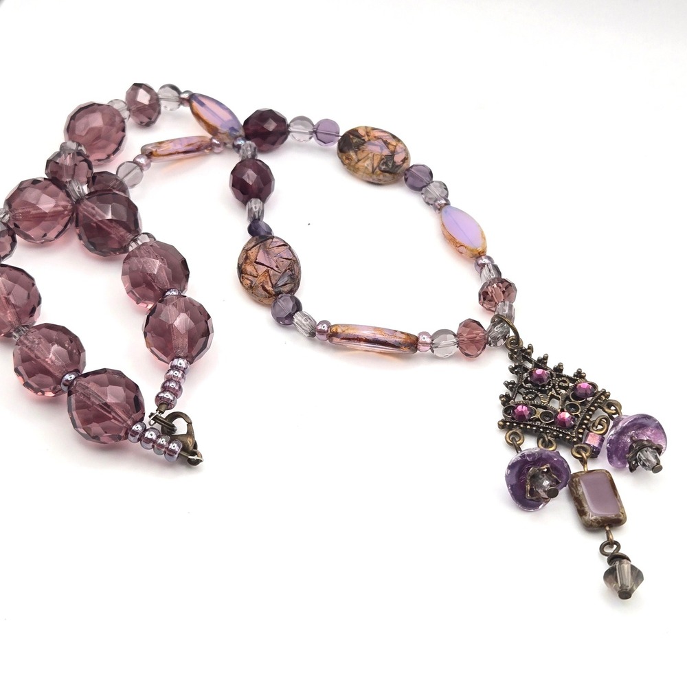 Purple Beaded Filigree Pendant Necklace Brass Tone Rhinestone Flower Charms